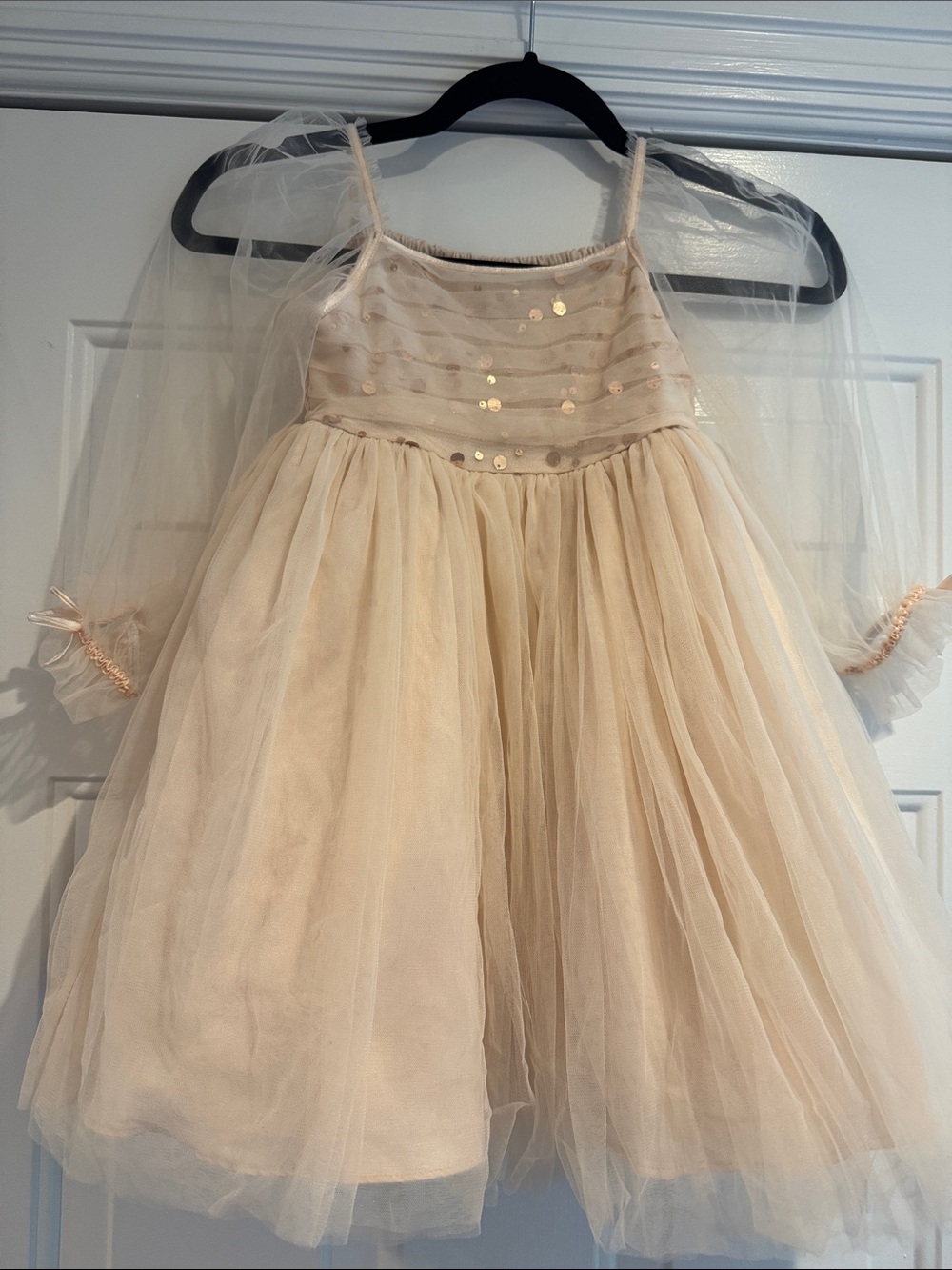 HABITUAL Girl Blush Champagne Sequin Tulle Party Dress Cape Sleeve Size 5